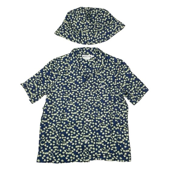 Bonpoint Kids Size 8 Button Up Shirt + Bucket  Hat Set Blue 100% Cotton Tropical - Picture 1 of 9